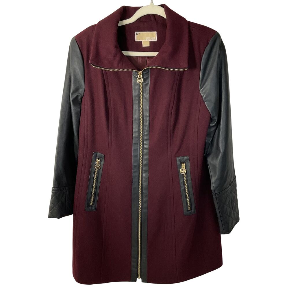 Michael Kors Moto Wool Coat Burgundy Maroon Black Leather Sleeves Size 12